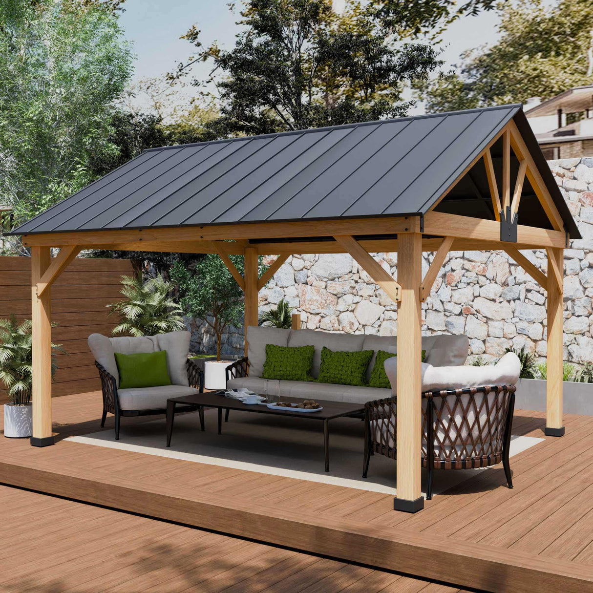 Yardsight Wood Gazebo 11' x 13', Hardtop Wooden Cedar Gazebo with Galvanized Steel Roof, Permanent Outdoor Pavilion for Garden, Patio, Deck, Backyard, Lawn. Yardsight