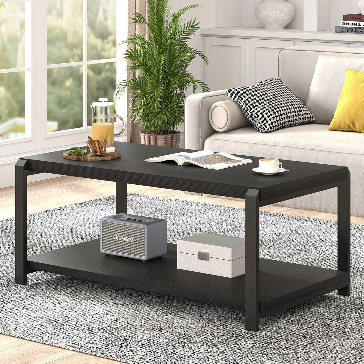 EXCEFUR Black Coffee Table, Modern Rustic Wood Center Table for Living Room, Industrial Rectangle Cocktail Tea Table with Storage Shelf EXCEFUR