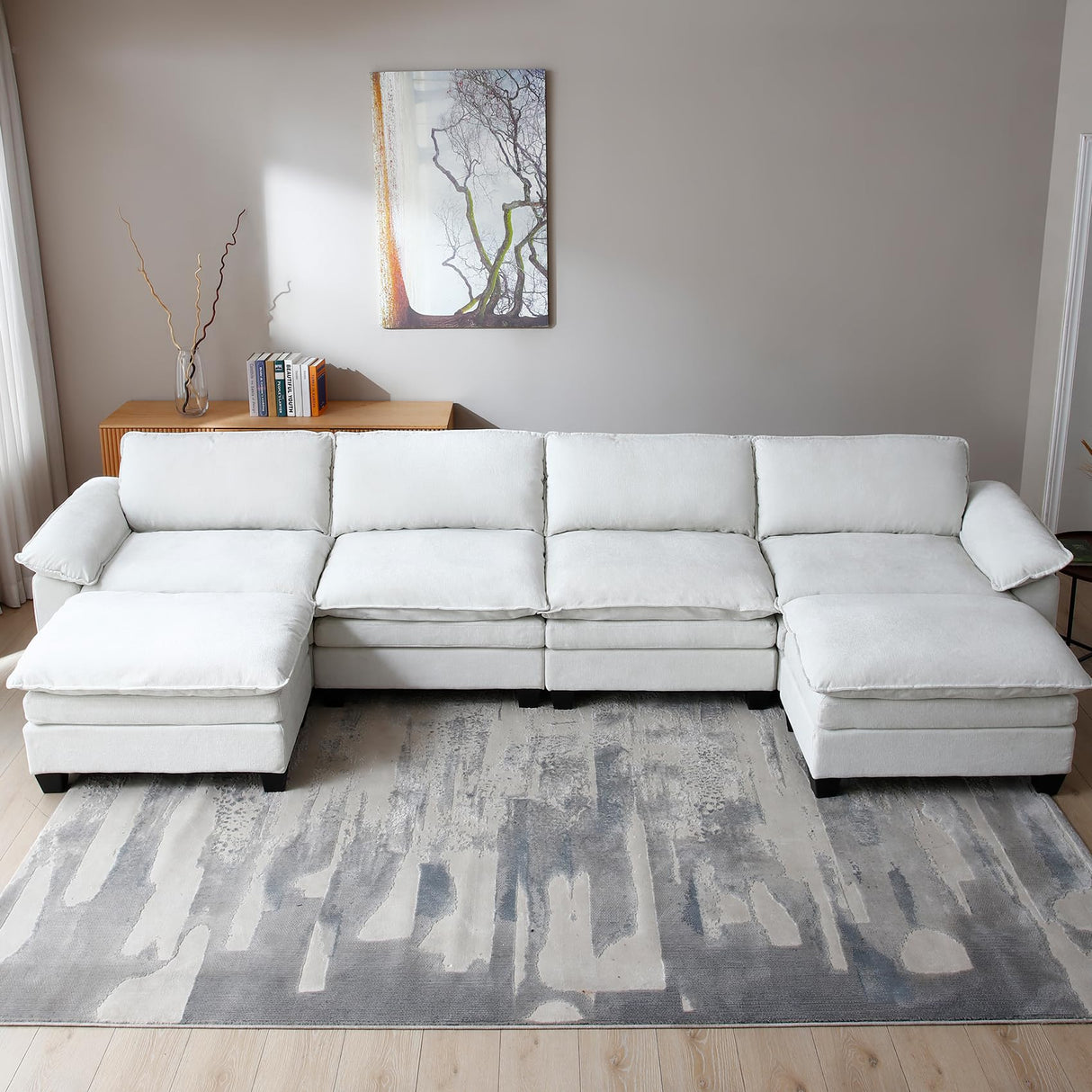 mestyl Comfy Sectional Couch with 2 Ottoman, U Shaped 4 Deep Seat Fluffy Cloud Sofa, 157" Modern Modular Soft Couches Set for Living Room, Chenille, Beige White, MT001 mestyl