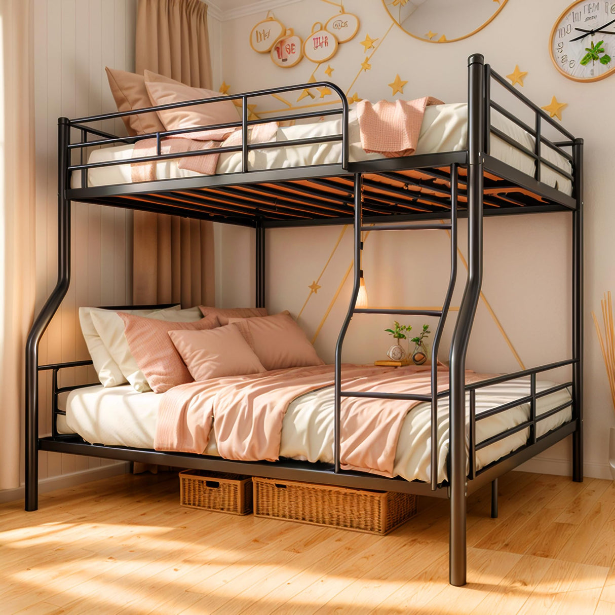 Movdevy Metal Full XL Over Queen Bunk Bed for Kids Adults Teens Boys, Stronger Metal Queen Size Bunk Beds, Heavy Duty Bunk Bed Full XL Over Queen with Ladder & Guardrail, No Box Spring Need (Black) Movdevy