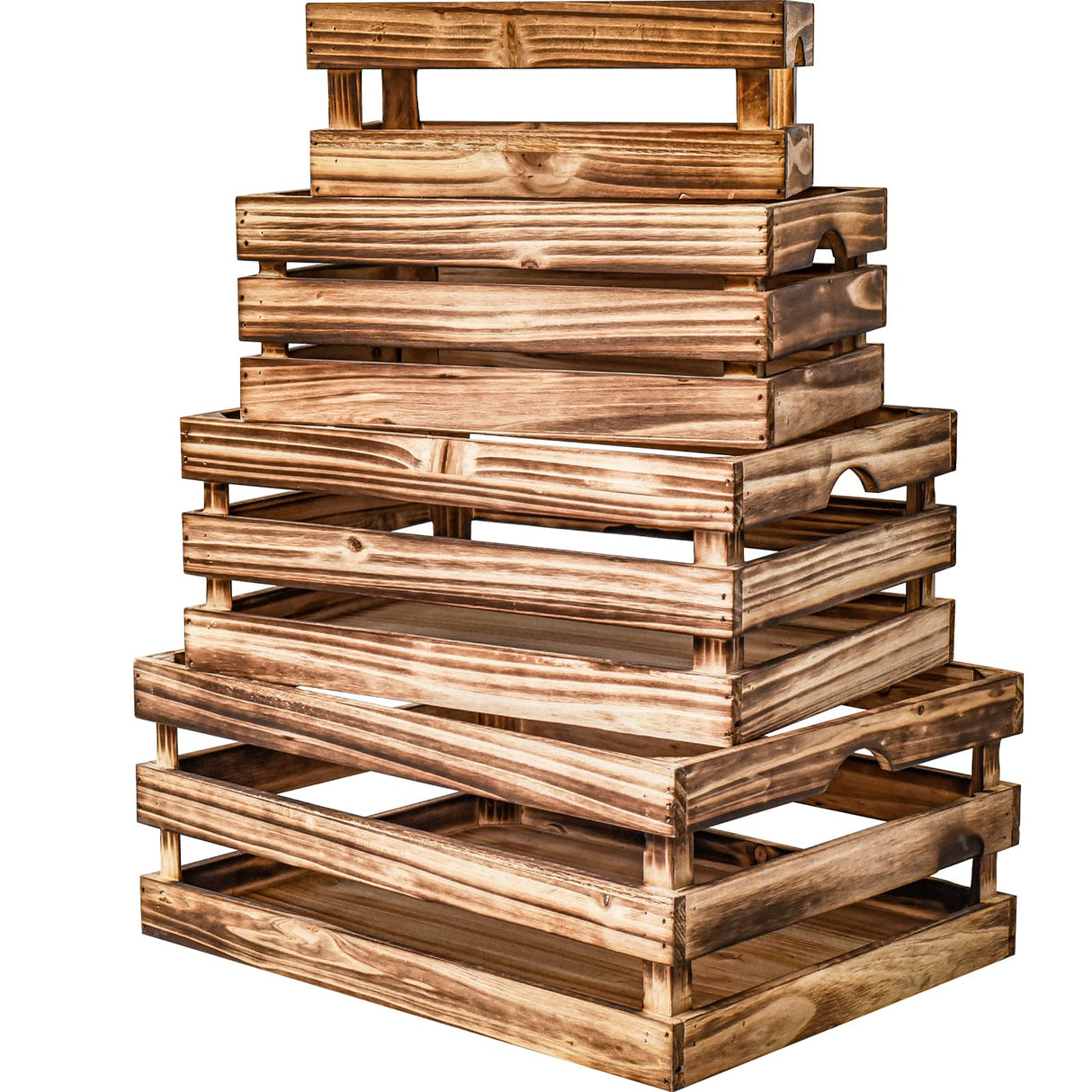 JUMBO HUMBLE Large Torched Wood Storage Crates Decorative, Set of 4 Nesting Wooden Crates for Display Rustic, Farmhouse Wooden Storage Container Boxes Made from 100% Wood JUMBO HUMBLE