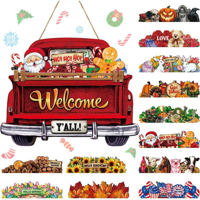 Ferraycle 13pcs Christmas Interchangeable Welcome Sign for Front Door Farmhouse Truck Decor Rustic Hanging Sign with 12 Interchangeable Seasonal Holiday Decor for Christmas Thanksgiving(Fresh Color)