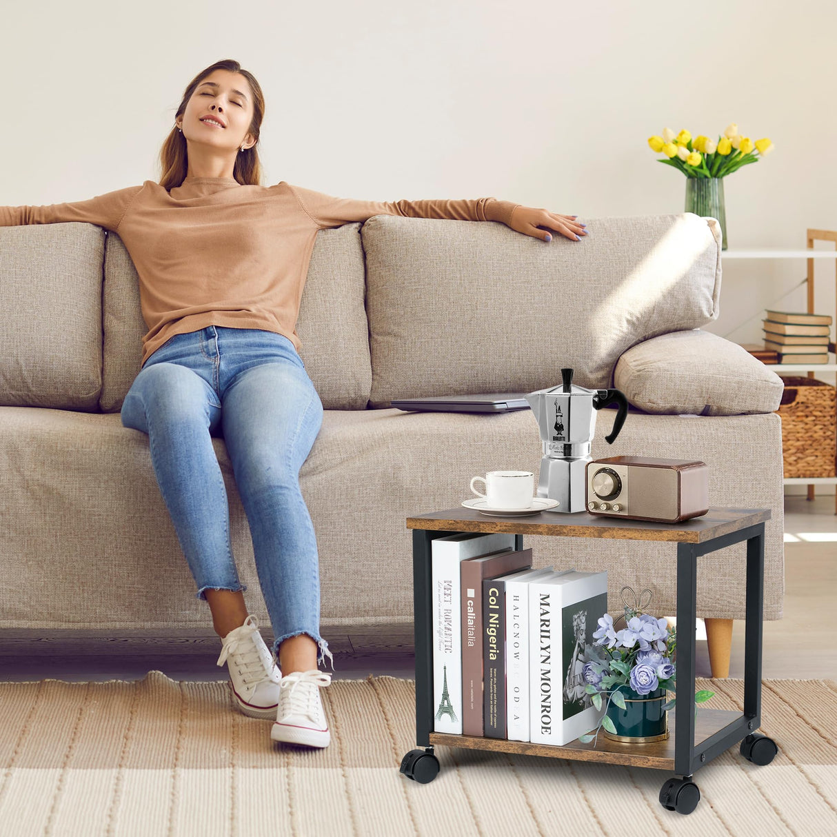 Cakokow Under Desk Printer Stand - 2-Tier Industrial Mobile Printer Table with Storage Shelf, Heavy Duty Wood Rolling Printer Cart with Wheels for Home and Office,Rustic Brown Cakokow