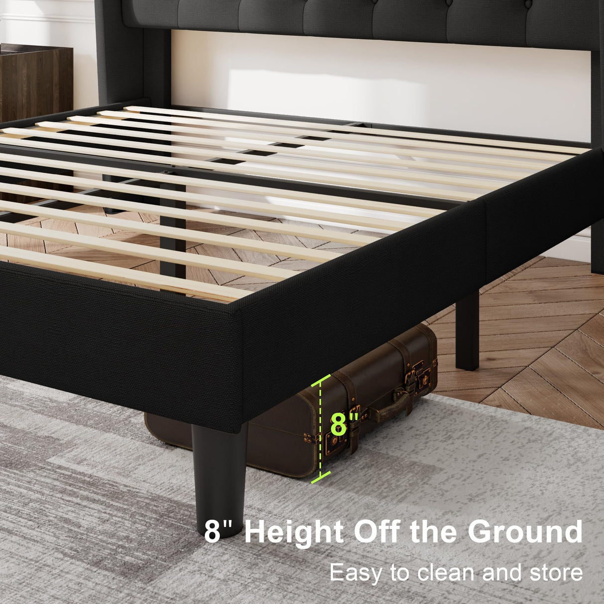 Feonase Full Size Bed Frame with Upholstered Wingback Headboard,Button Tufted Platform Bed and Heavy Duty Wooden Slats Support,Easy Assembly, Noise-Free,No Box Spring Needed, Black Feonase