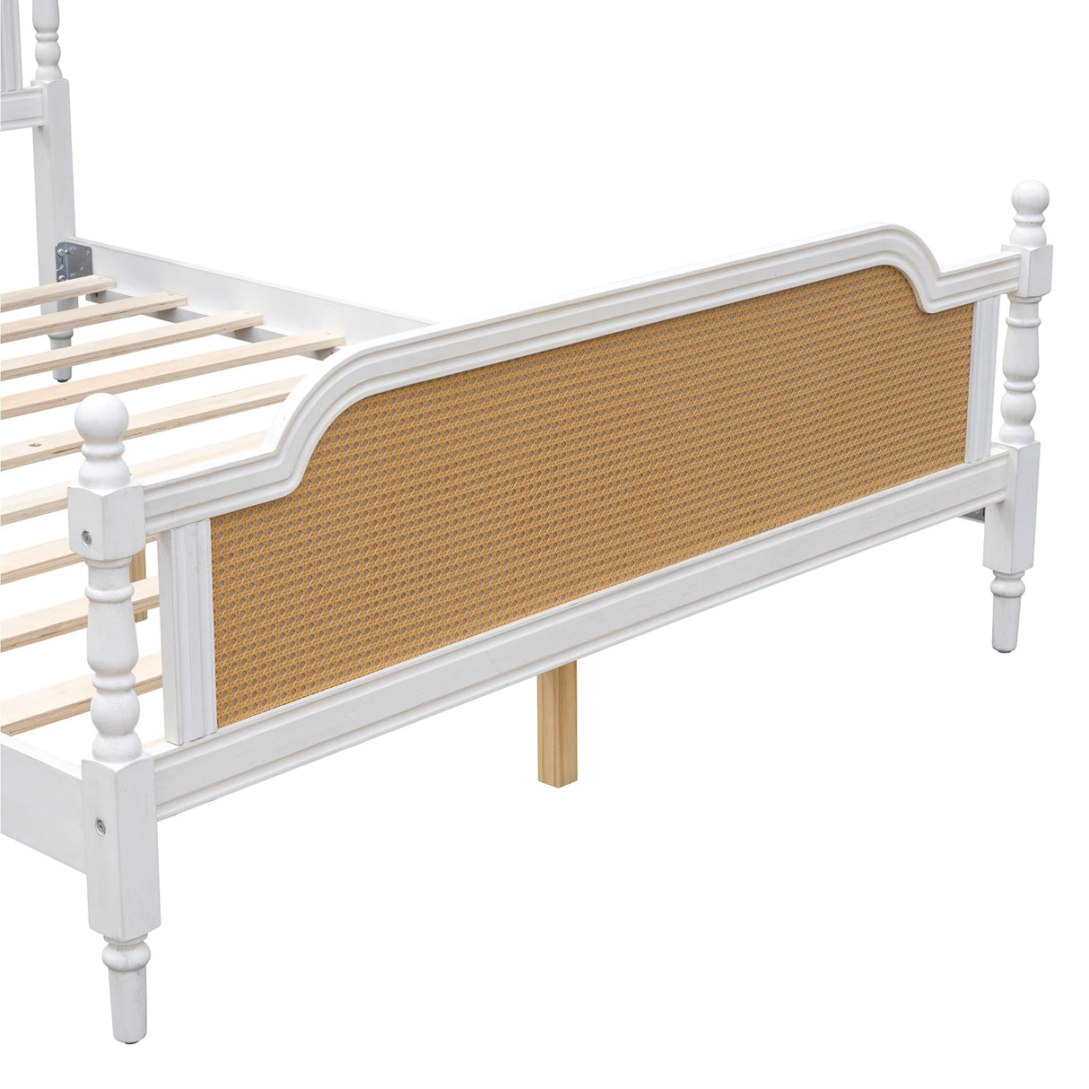 JOUUQZ Mid Century Style King Size Platform Bed with Rattan Headboard and Footboard,Solid Wood Foundation Bed Frame with Slat Wood Support,French Style,No Box Spring Needed (Antique White) JOUUQZ