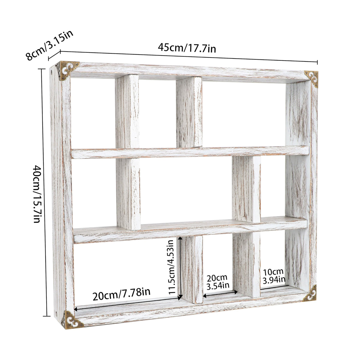 MITREL 17.7x15.7-Inch Shadow Box Shelf 9-Slot Rustic Floating Shelves Larger Wall Mounted Shelf Lightweight Solid Wood Display Shelf Freestanding Farmhouse(9C-Rustic White) MITREL