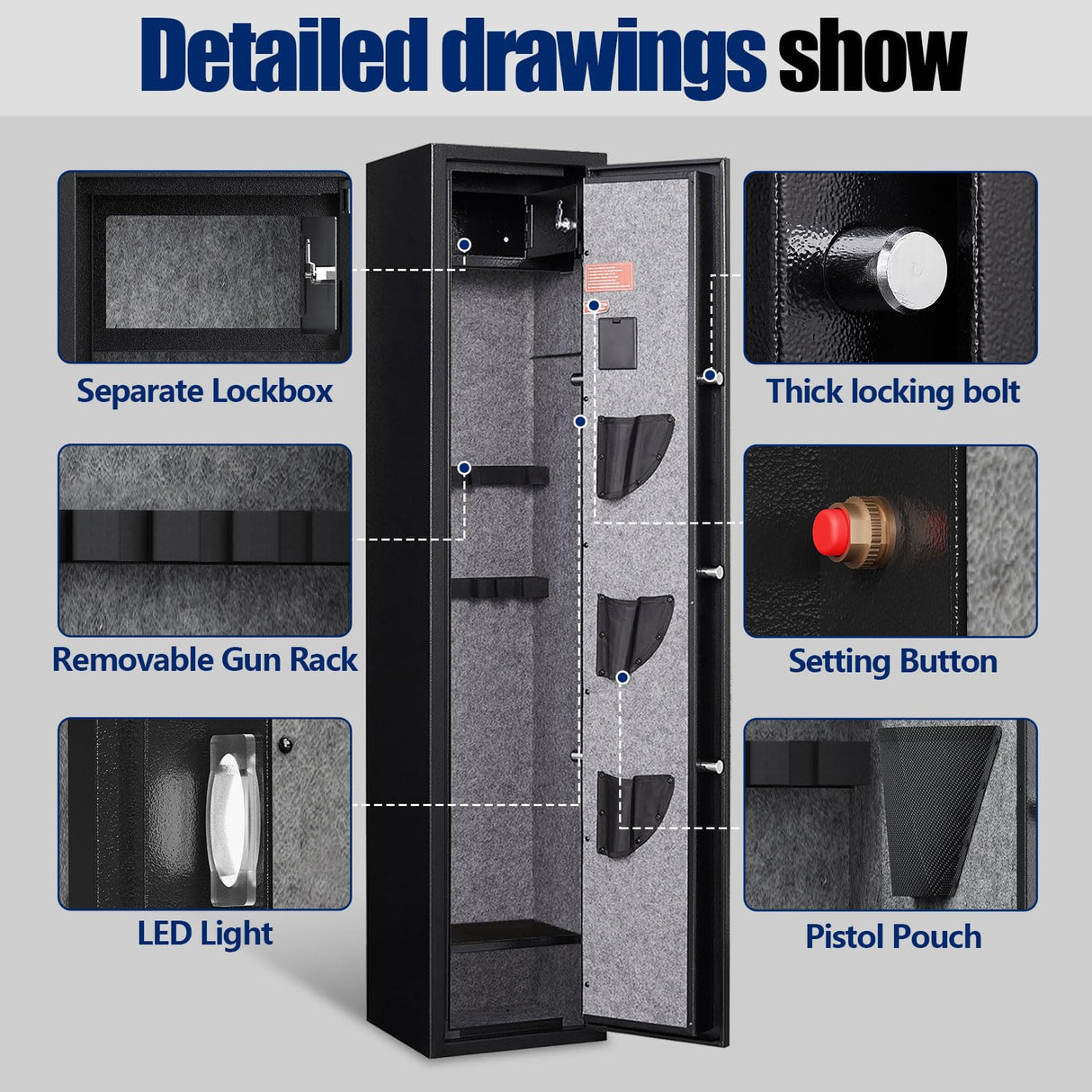 SAPITAL 5 Gun Safe, Rifle Safe, Gun Safes for Home Rifle and Pistols, Gun Cabinet for Rifles and Shotguns, Gun Safes & Cabinets with Removable Shelf and Pistol Pouch*3 SAPITAL