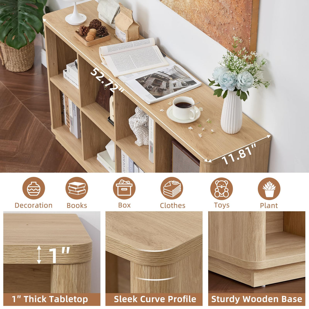 Joaxswe 8 Cube Storage Book Shelf, 52" Long Horizontal Bookshelf with Curved Edge, Floor Standing Wooden Cubby Bookcase with Base, Modern Low Console Book Case, TV Stand for Living Room, Natural Oak Joaxswe