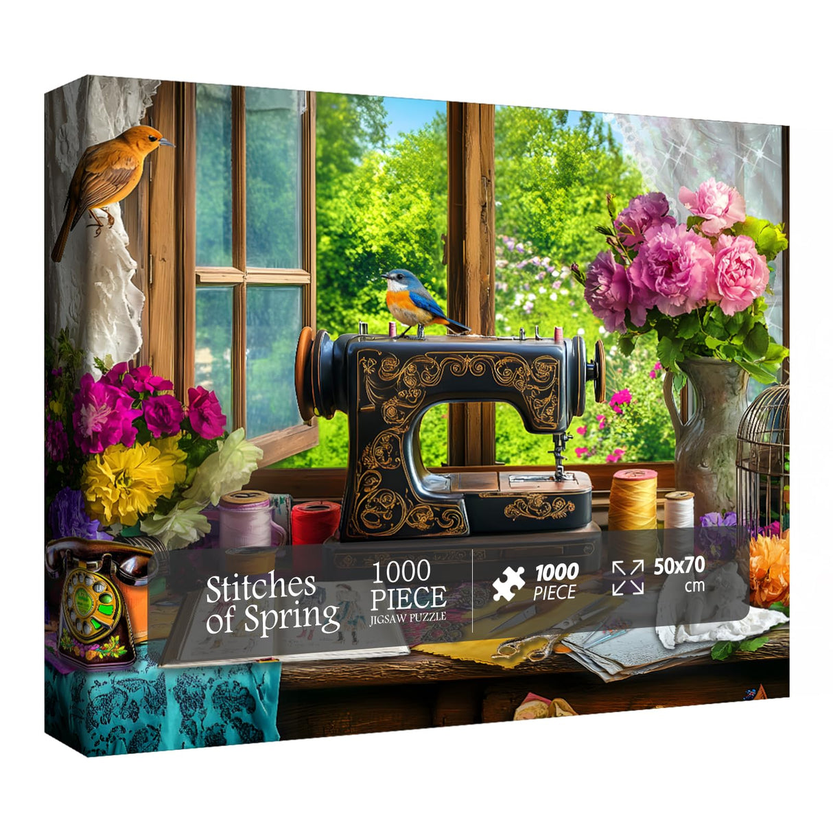 Larkipuzz Spring Stitch Vintage Sewing Machine Puzzles for Adults 1000 Pieces, Bird Vase Jigsaw Puzzles, Hard Difficult Funny Challenging Book Flower Puzzle Larkipuzz