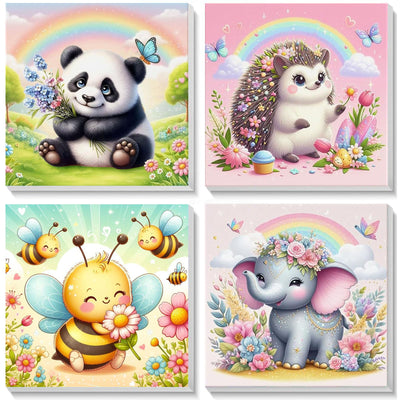 4 Pack Animal Paint by Number for Kids with Wooden Frame, Paint by Numbers for Kids Animals Ages 4-8-12, Easy Elephant Panda Bee Hedgehog DIY Acrylic Oil Painting Kits for Home Wall Decor (8X8 inch)