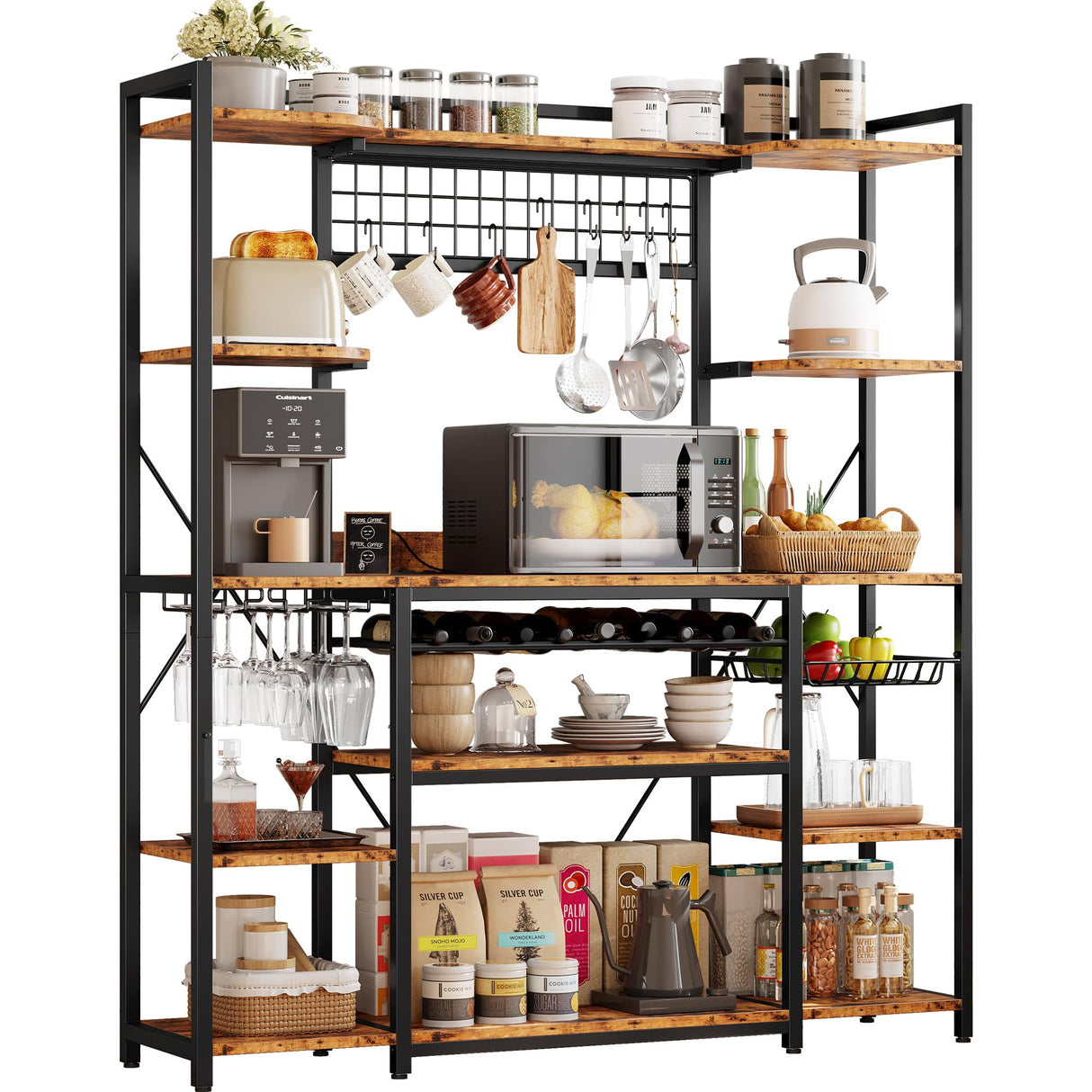 IRONCK Large Bakers Rack with Power Outlet, 62 Inch Wide Microwave Stand, Coffee Bar with Storage, Kitchen Racks and Shelves IRONCK