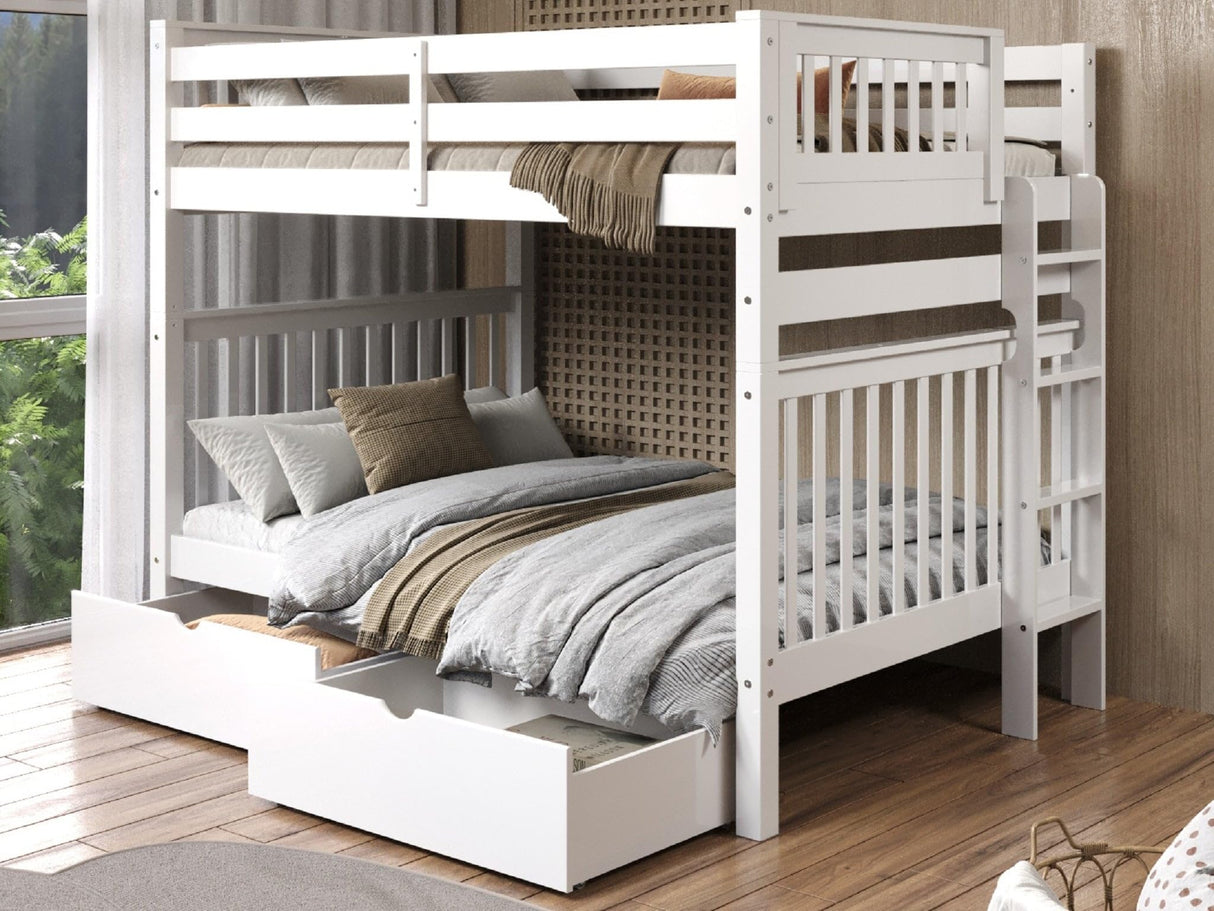 Bedz King Bunk Beds Full over Full Mission Style with End Ladder and 2 Under Bed Drawers, White Bedz King