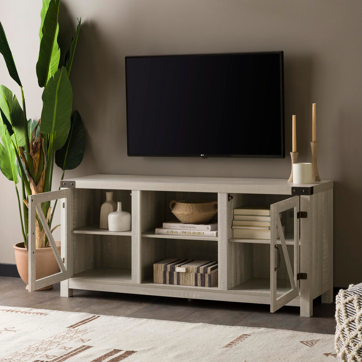 Walker Edison Wesley Modern Farmhouse Glass Door TV Stand for TVs up to 65 Inches, 58 Inch, Stone Grey, Without Fireplace Walker Edison