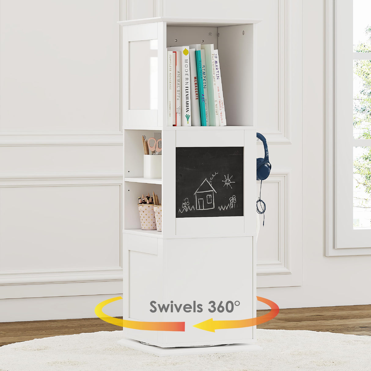 UTEX Kids Rotating Bookshelf Tower, 360 Display Revolving Bookcase with Blackboards and Hooks, 5 Tier Small Spinning Bookshelf for Kids Room, Nursery, Bedroom, Living Room, White UTEX