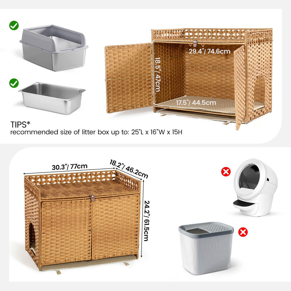 Cat Litter Box Enclosure and Hall Table, Handwoven Rattan Cat Litter Box Hider Furniture with 2 Litter Mats, Three-Sided Fenced Top, Large 30.3”L x 18.2”W x 24.2”H, Ombre Wheat Furriends
