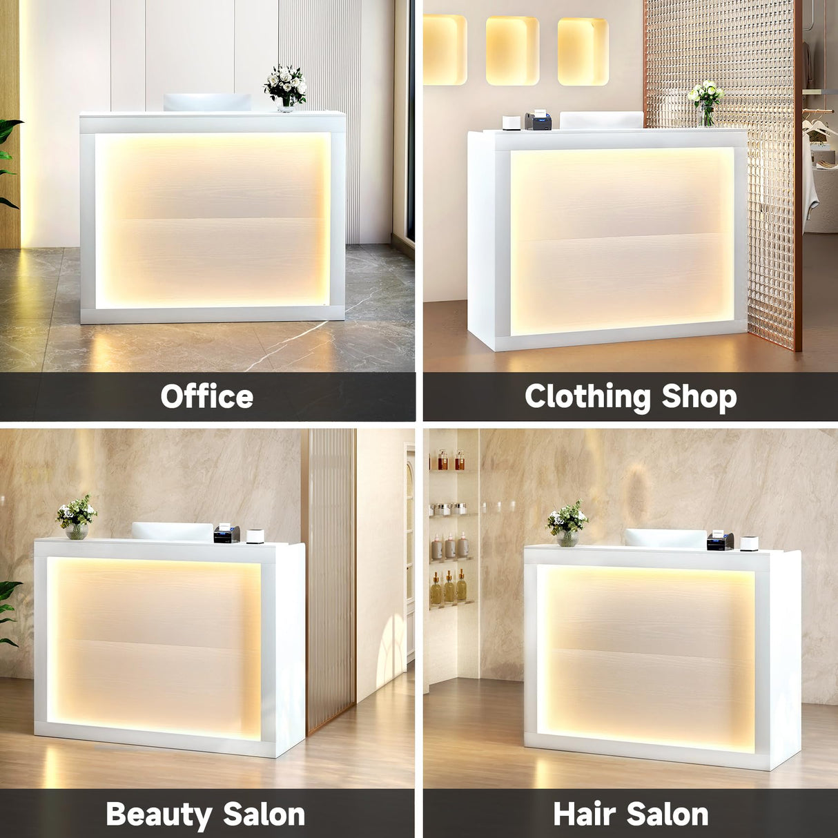 TC-HOMENY Reception Desk with LED Lights, 55'' Retail Counter Modern with Storage Shelves and Cable Grommet, Front Table, Salon Desk, Office Table,White TC-HOMENY