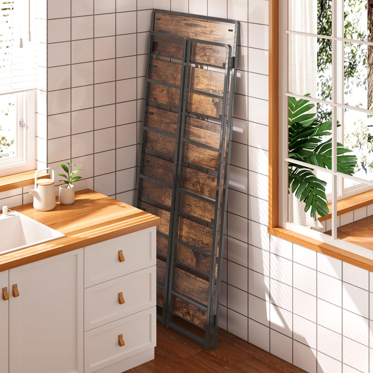 4NM No-Assembly 6 Tiers Folding Bookshelf Storage Shelves Vintage Bookcase Standing Racks Study Organizer Home Office (Rustic Brown and Black) 4NM