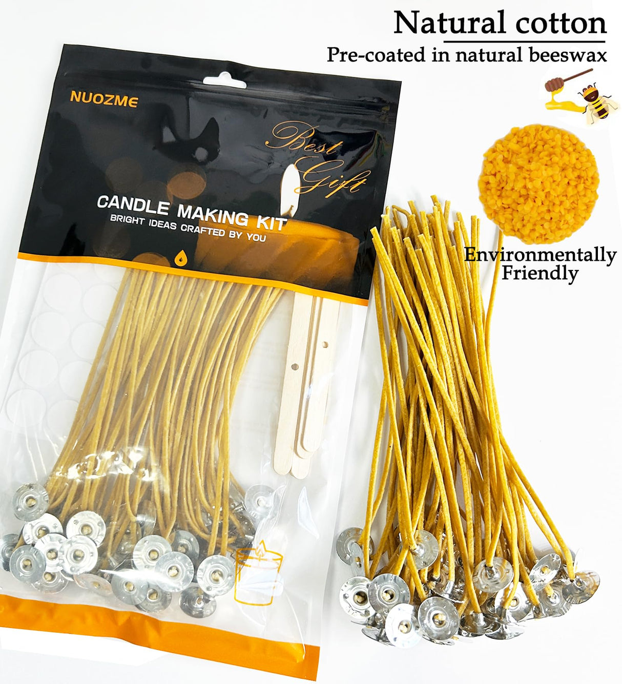Nuozme 50 Pcs 6" Natural Candle Wicks,Pre-Waxed by 100% Beeswax & Tabbed with 60Pcs Candle Wick Stickers and 5 Pcs Wooden Candle Wick Centering Device, for Candle Making,Candle DIY Nuozme
