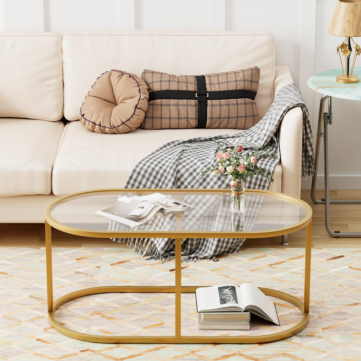 Coffee Table Gold Glass Coffee Tables for Living Room, Oval Table Center Table with Sturdy Metal Frame,Modern Tempered Glass Accent Tables for Bedroom Home Office Wolawu