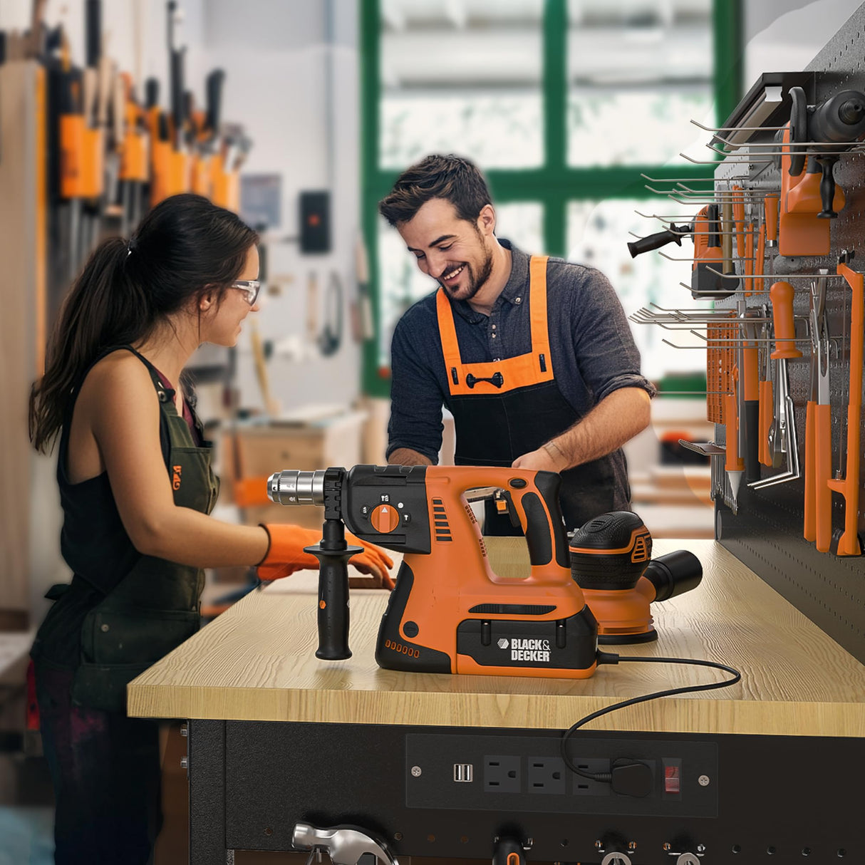 CAMMOO 48" Heavy Duty Work Bench Adjustable Height Max Load 2000 LBS with Storage Shelf for Garage Workbench, Rubberwood Tabletop with Pegboard, LED Light, Built-in Power Strip for Woodworking Shop CAMMOO