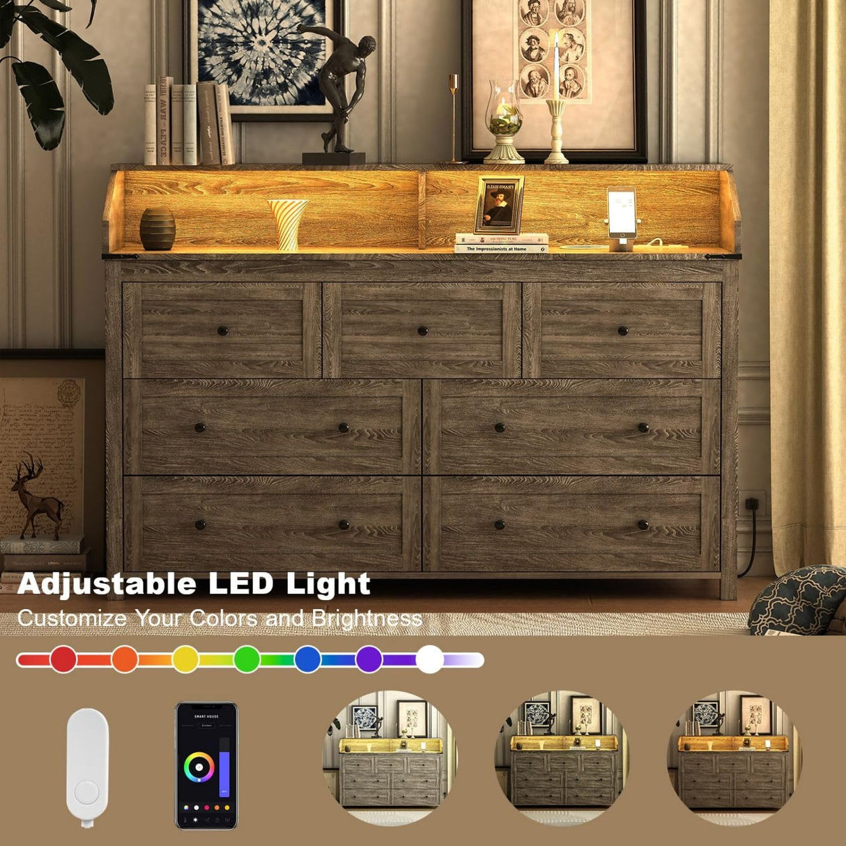 GlouMod Farmhouse 7 Drawers Dresser for Bedroom,Wooden Dresser with LED Light & Power Outlet, Tall Dresser Wide Chests of Drawers, Storage Organizer for Living Roon, Entryway, Closet, Gray Dresser GlouMod