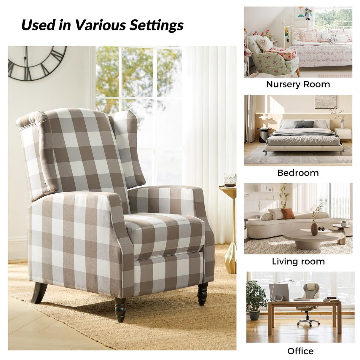 Upholstered Wingback Recliner Chair, Traditional Push Back Recliner Sofa, Mid Century Modern Lounge Armchair for Living Room, Home Theater Accent Chairs Recliners Couches (Beige) TINA'S HOME