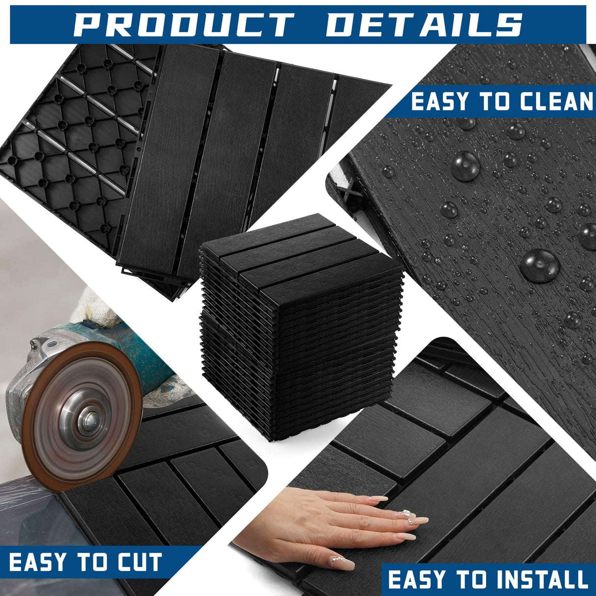 Treela 48 Pcs Plastic Interlocking Deck Tiles 12 x 12 Inch Patio Deck Tiles Waterproof Outdoor Flooring Composite Decking Boards Floor Decking Tiles for Porch Poolside Balcony Backyard (Black) Treela