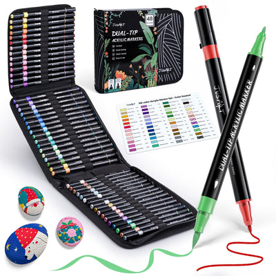 JusArt 48 Colors Acrylic Paint Markers, Dual Tip with Brush Tip and Fine Tip Paint Pens for Rock Painting, Wood, Egg, Canvas, Glass, Stone, Ceramic, DIY Crafts Professional Art Supplies with Bag