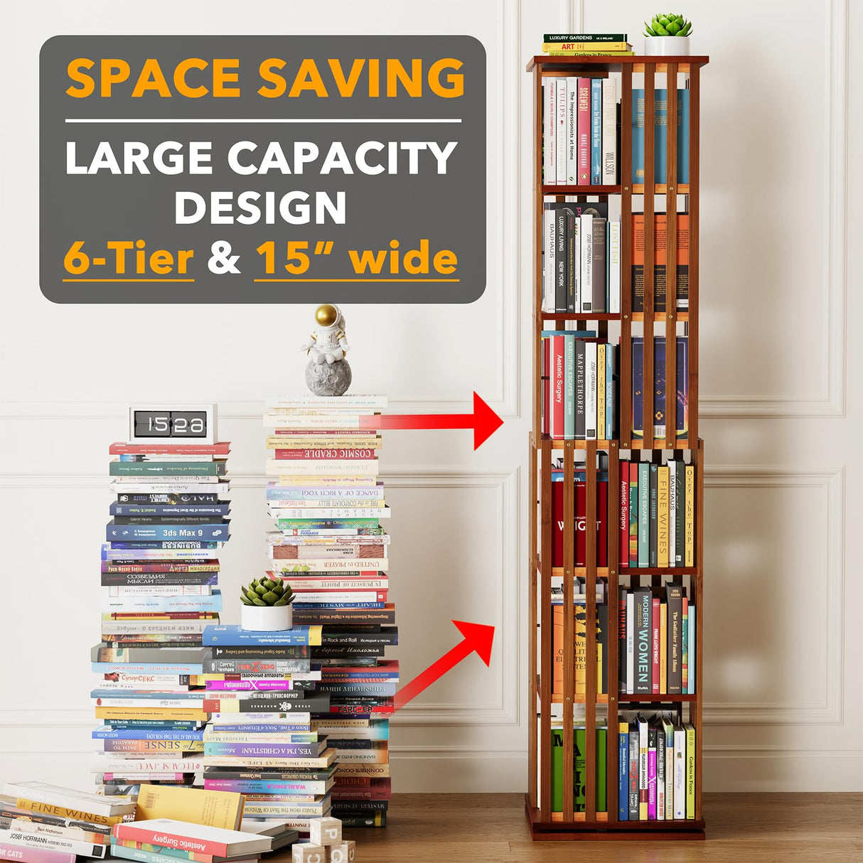 SpaceAid 6 Tier Rotating Bookshelf Tower, Bamboo Spinning Book Shelf, Revolving 360 Bookcase Storage Swivel Round Carousel, Vertical Rotate Turning Spiral Corner Organizer (6-Tier Walnut) SpaceAid