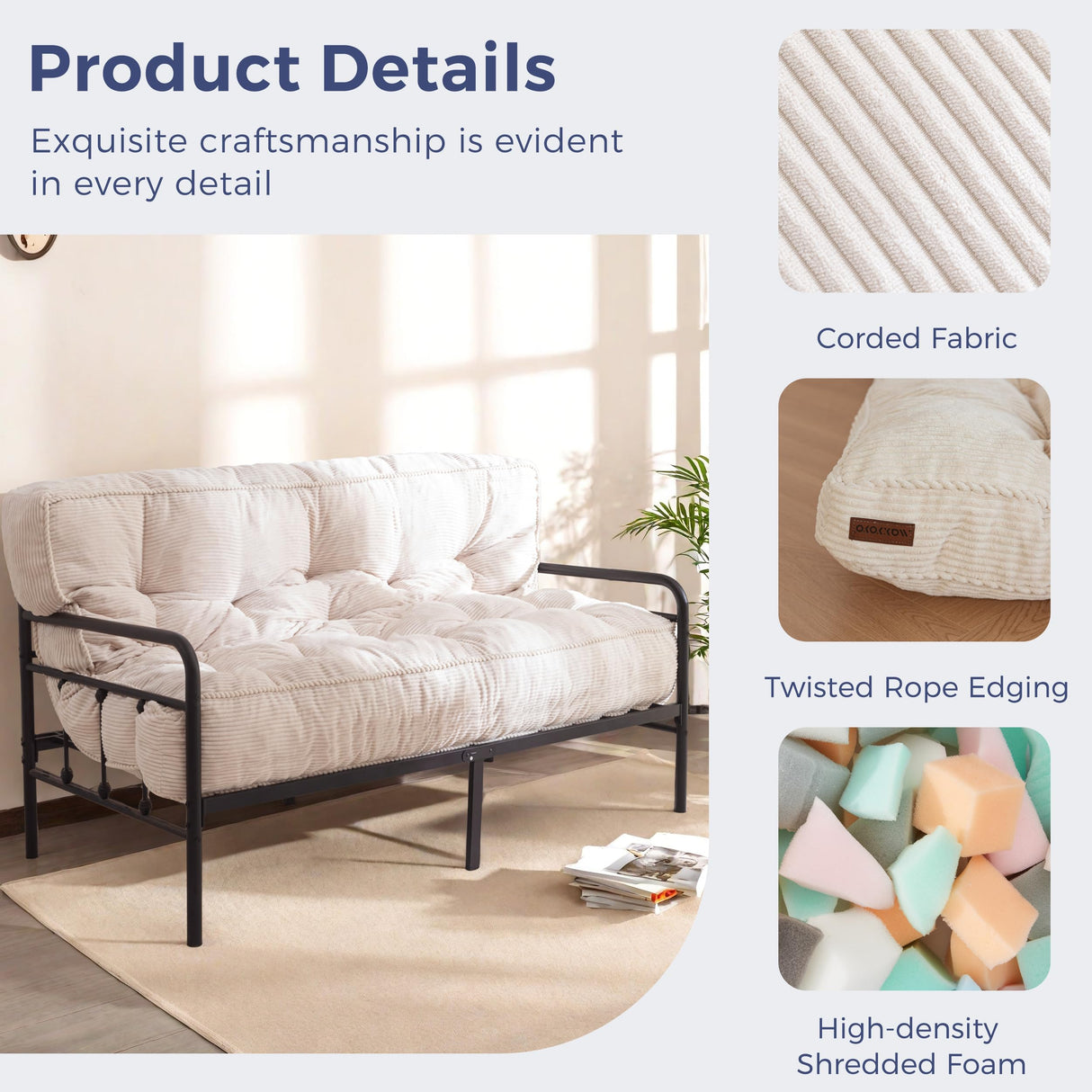 MAXYOYO 8" Futon Mattress Queen Size, Ultra Thick Futons Sofa Couch Bed Tufted Sleeper Sofa Bed, Floor Mattress for Adults, Shredded Foam Filling (Frame Not Included), Beige MAXYOYO