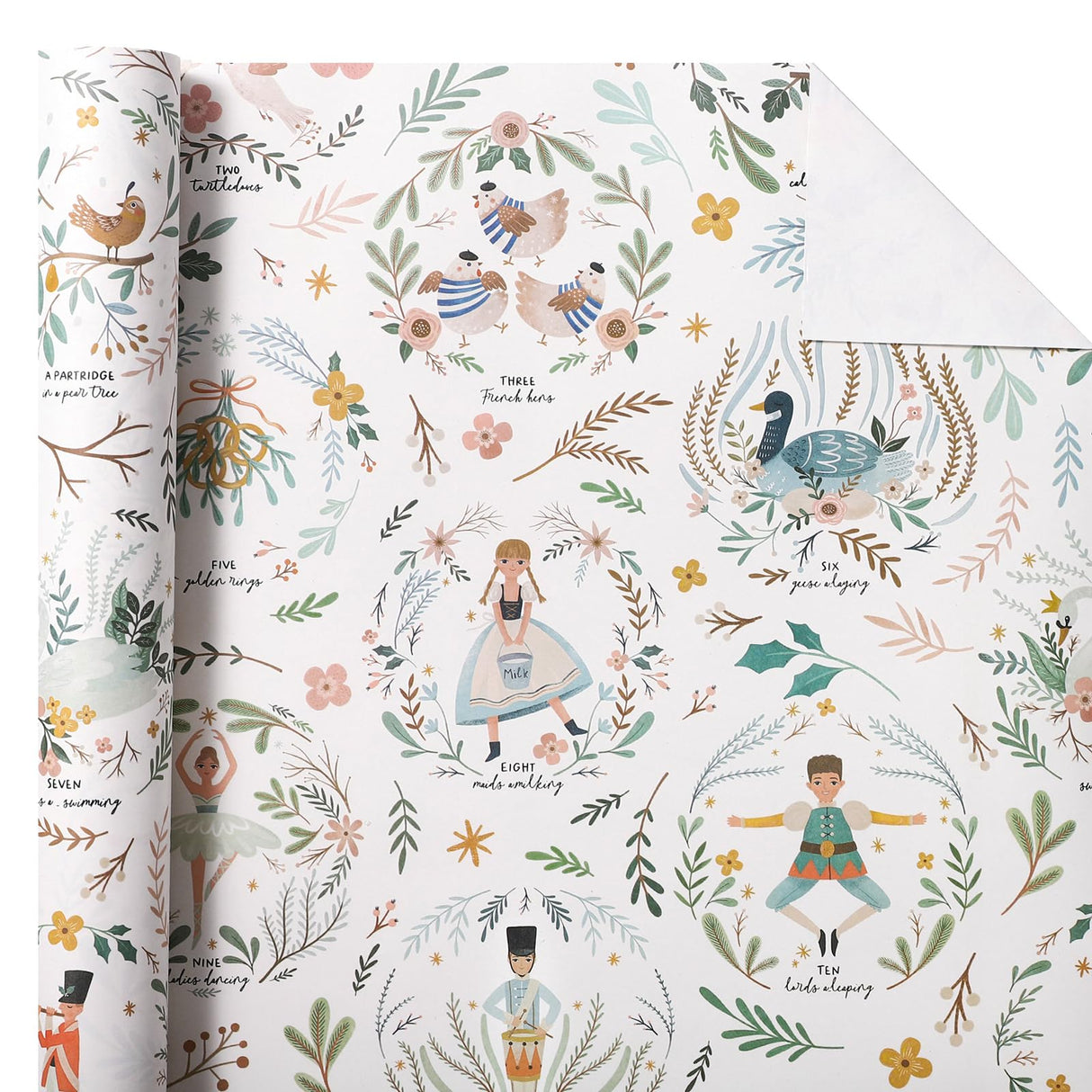 WRAPAHOLIC Kraft Christmas Wrapping Paper - Mini Roll - 17 Inch x 33 Feet - Cute Girl and Boy with Floral and Leaves Design for Christmas, Holiday, Party Celebration WRAPAHOLIC