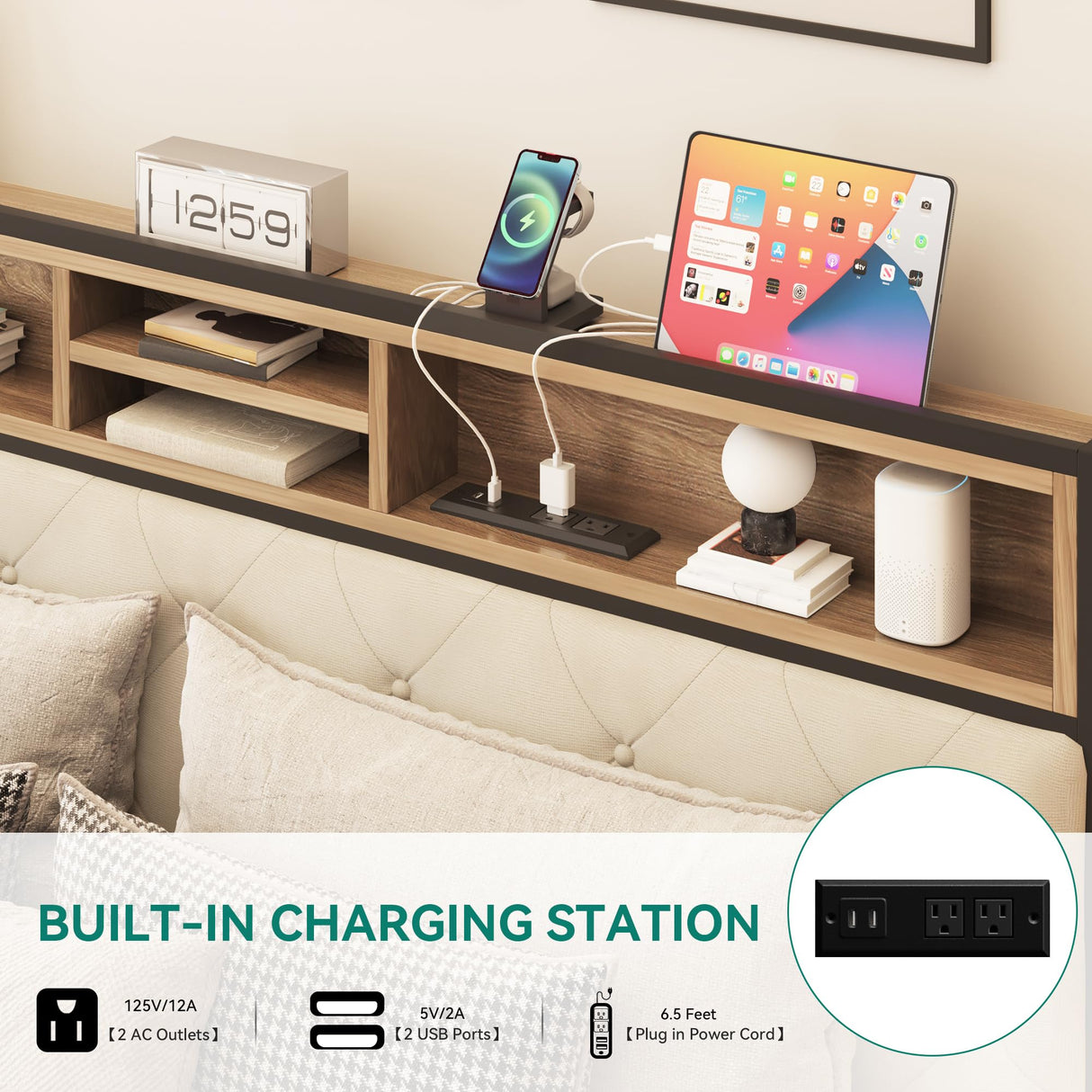 YITAHOME Queen Size Bed Frame, Platform Bed Frame with Charging Station, Upholstered Storage Headboard & Footboard Metal Slats Supports Mattress Foundation, No Box Spring Needed, Beige(No Drawers) YITAHOME