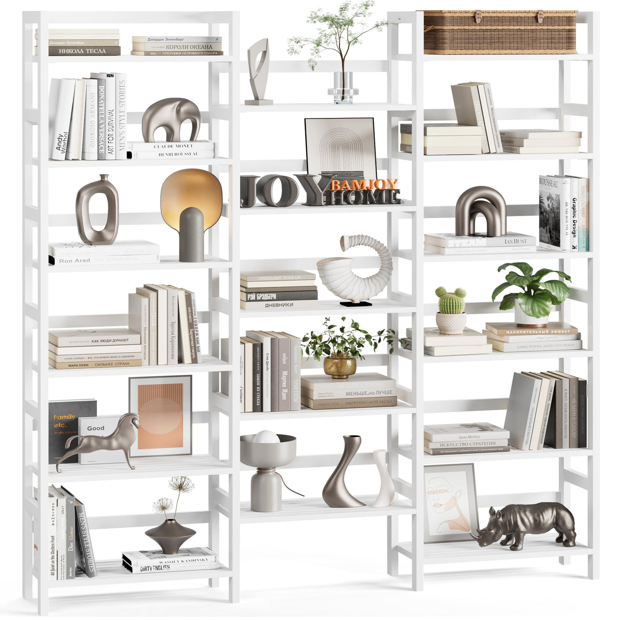 Bamjoy Bamboo Bookshelf, Triple 6-Tier White Bookshelf, Large Bookcase with 17 Open Display Shelves, Tall Book Shelf Storage Rack for Home Office, 71.5” H Bamjoy