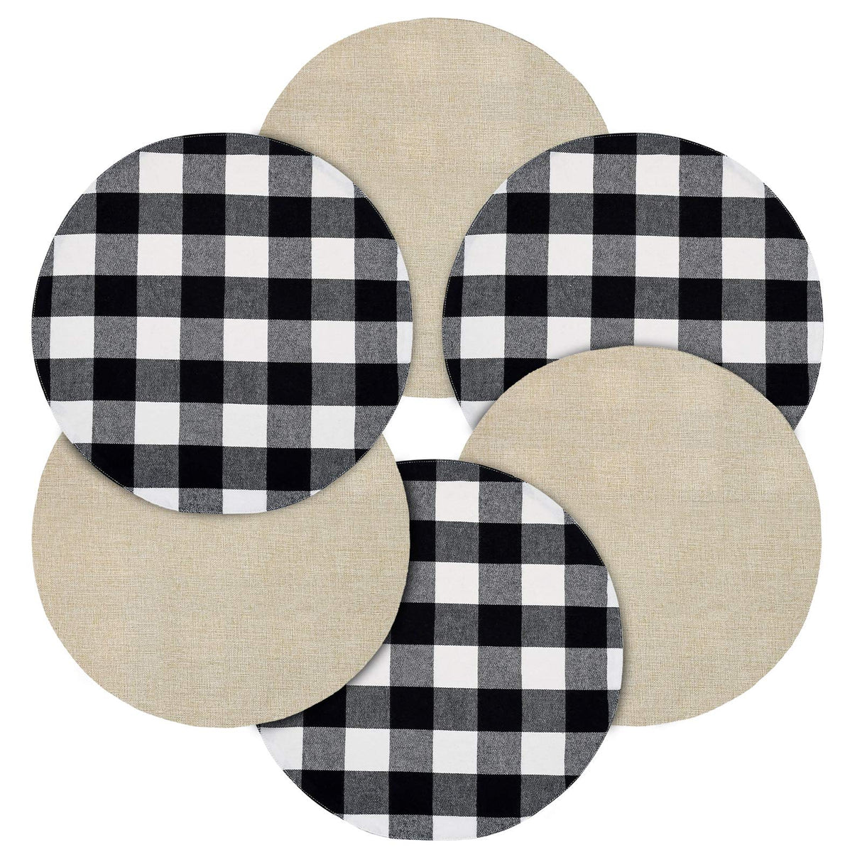 Senneny Round Placemats Set of 6 - Black and White Buffalo Plaid Placemats - Reversible Cotton and Burlap Placemats for Round Tables - Farmhouse Place mat for Dining Table Senneny