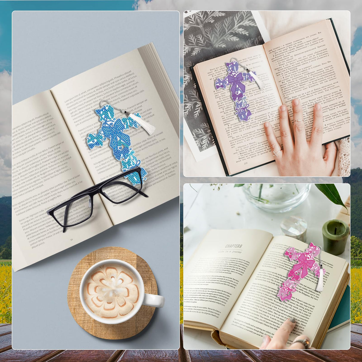 Cross Diamond Art Painting Bookmarks - 6 PCS Colorful Bow Design Bookmarks Kit with Tassel DIY Coquettte Gem Art Craft Christmas New Year Religions Birthday Gift for Reading Lovers INCOK