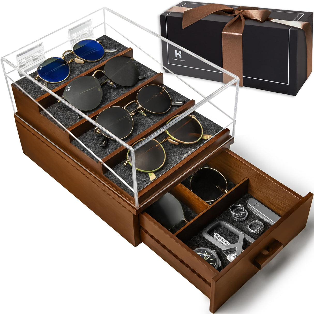 Holme & Hadfield Premium 6-Slot Sunglasses Organizer – Beautiful 360° Views – Handcrafted Wooden Sunglasses Display Case for Multiple Glasses – Luxurious Father’s Day Gift Holme & Hadfield