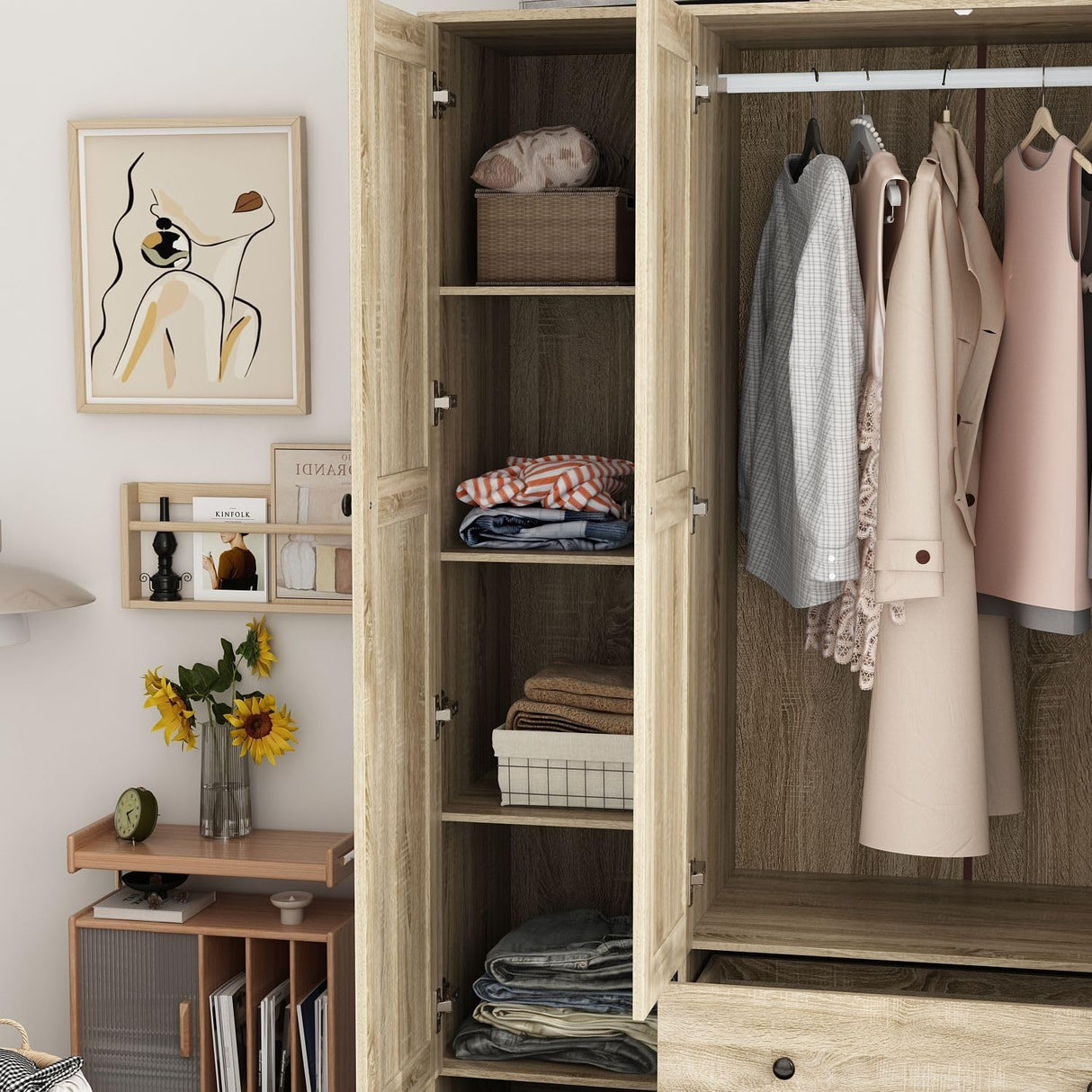 MOUMON 4 Rattan Door Wardrobe with Shelves and Drawers, Armoire Wardrobe with 2 Clothing Rods, Armoires and Wardrobes for Bedroom Oak (59”W x 19”D x 70.9”H) MOUMON