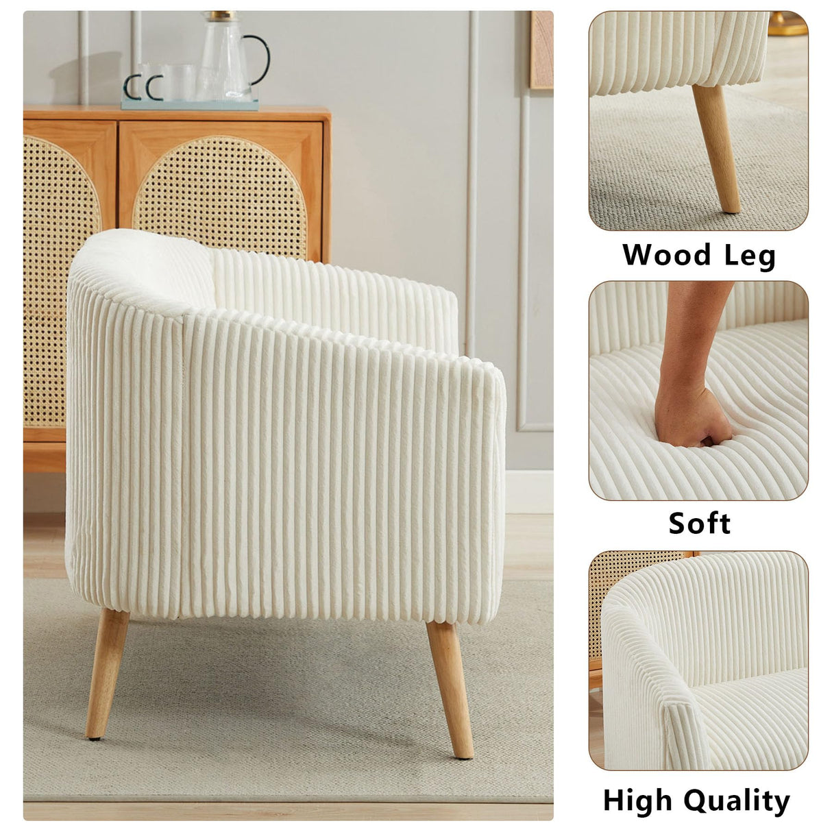 Nahenduo Corduroy Loveseat Sofa and Small Couch for Bedroom, 2 Seater Mini Couch for Small Rooms, 51" W Wood Legs, Comfy Foam+Spring (Ivory White) Nahenduo