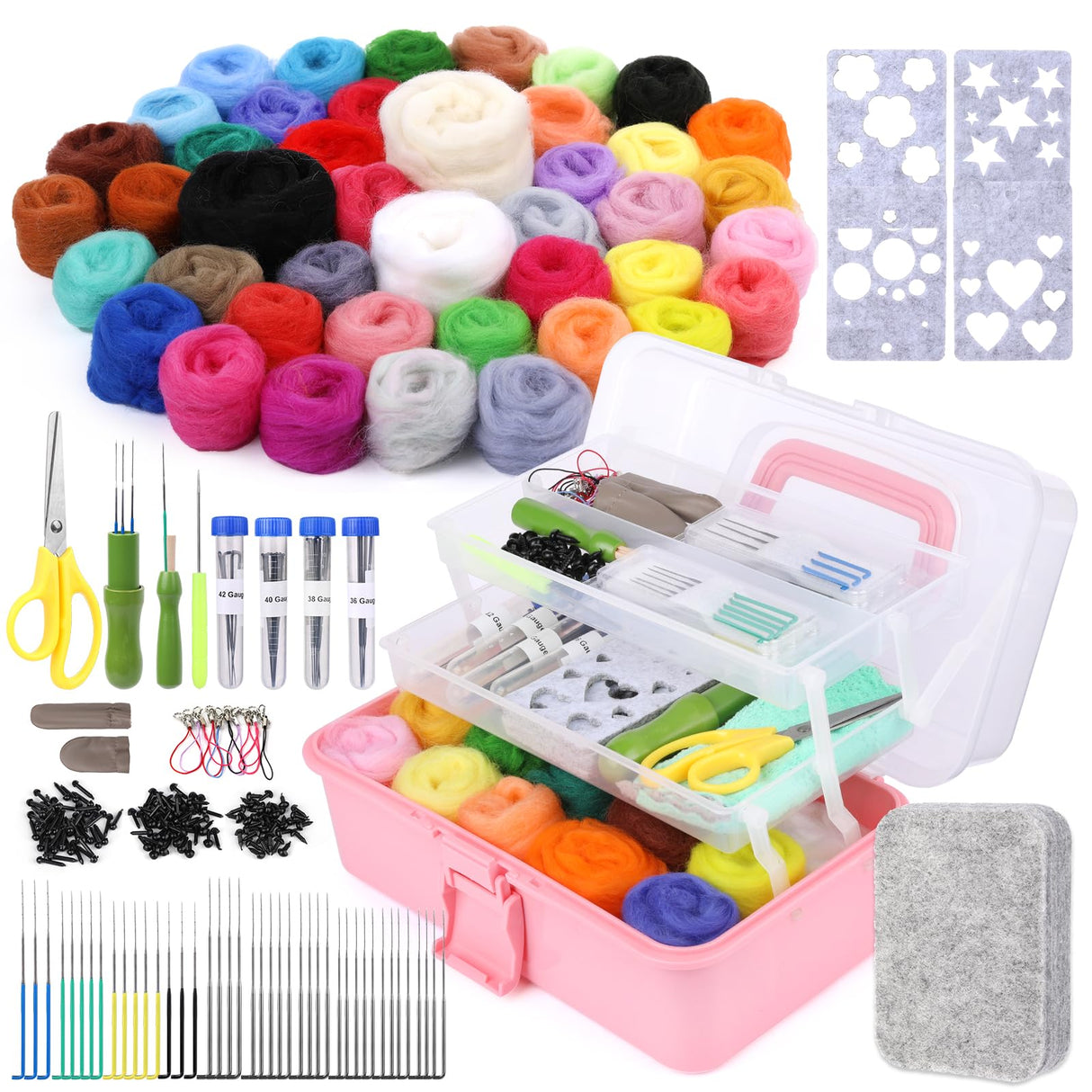 JUPEAN 221 Pcs Needle Felting Kit Needle Felting Starter Kit Needle Felting Supplies Including 43 Color Wool Roving Felting Molds Foam Mat and 4 Sizes Felting Needles for DIY Craft Project JUPEAN