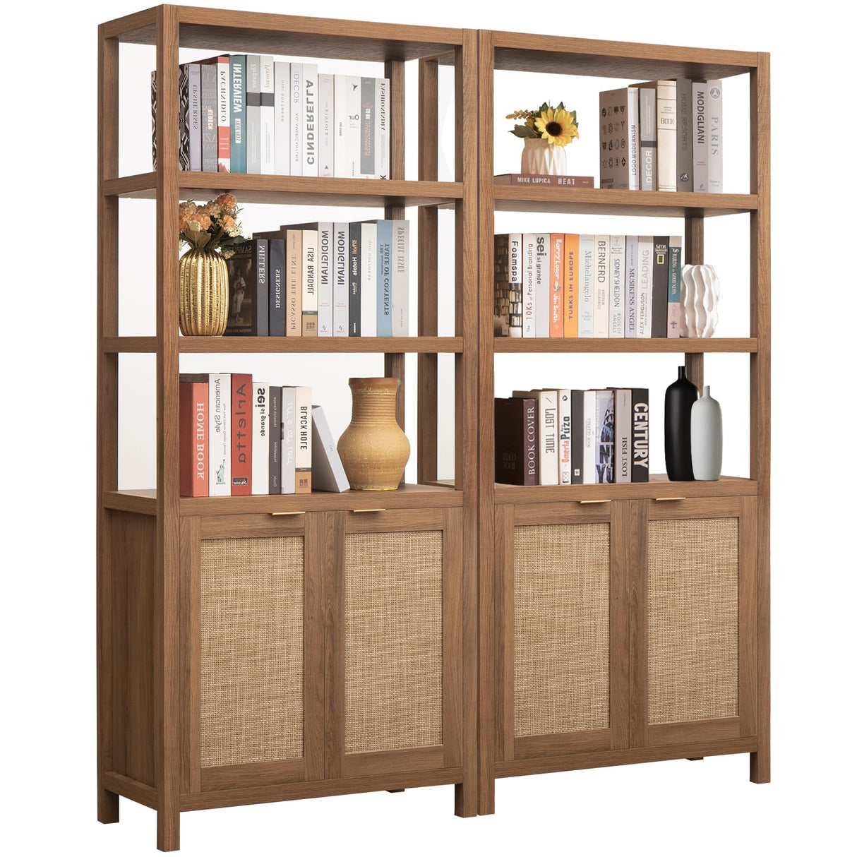 SICOTAS 5-Tier Rattan Boho Bookshelf with Doors - Tall Farmhouse Storage Bookcase in Reclaimed Caramel Oak SICOTAS
