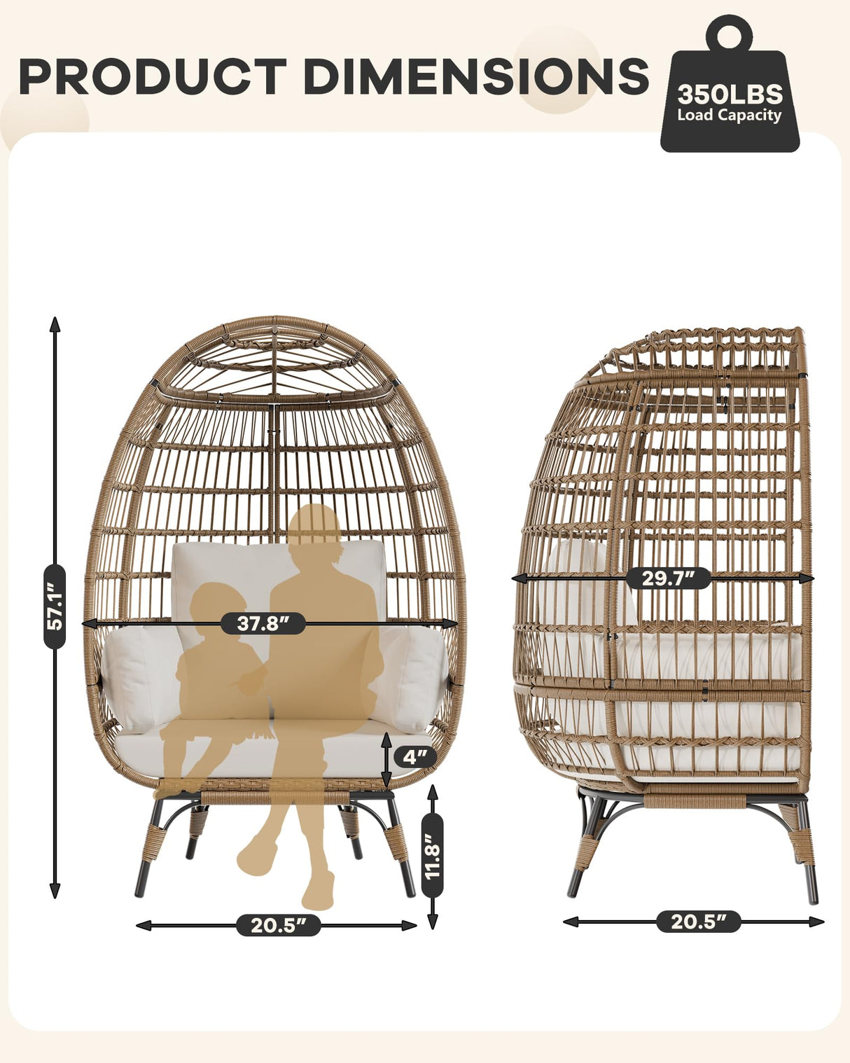 Outdoor Egg Chair, Oversized Patio Wicker Basket Chair for Balcony, Patio, Living Room, Lounge Chairs for Outside with Thick Cushions, 350LBs Capacity Egg Chair Indoor Outdoor Furniture, White Hipicute