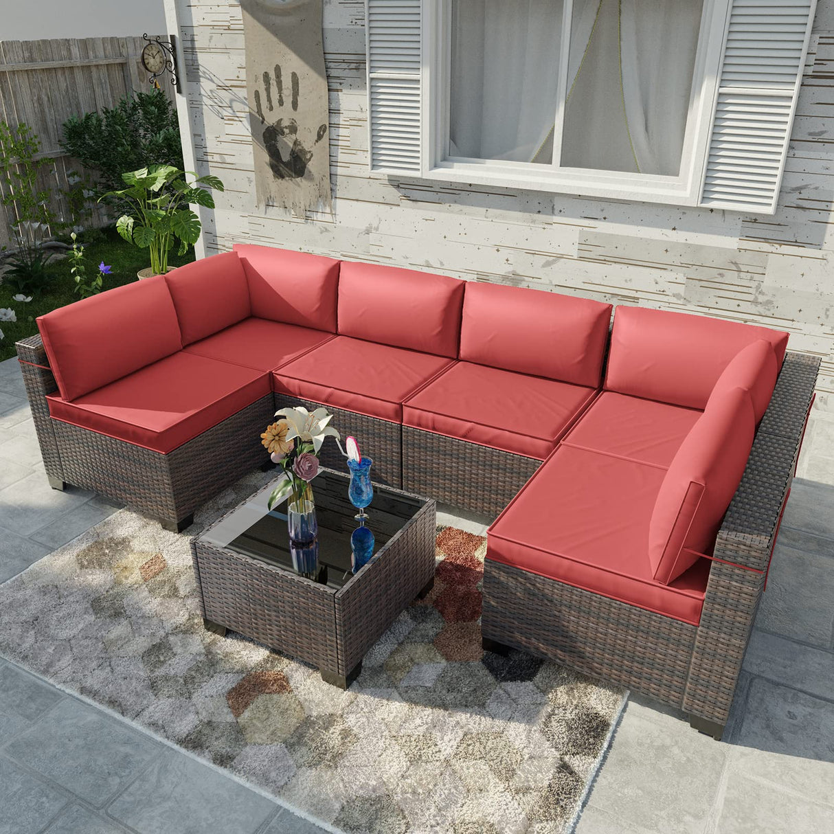 Kullavik 7 Pieces Outdoor Patio Furniture Set,Sectional Rattan Sofa Set Brown PE Rattan Wicker Patio Conversation Set with Tempered Glass Coffee Table and Washable Cushions Covers,Red Kullavik