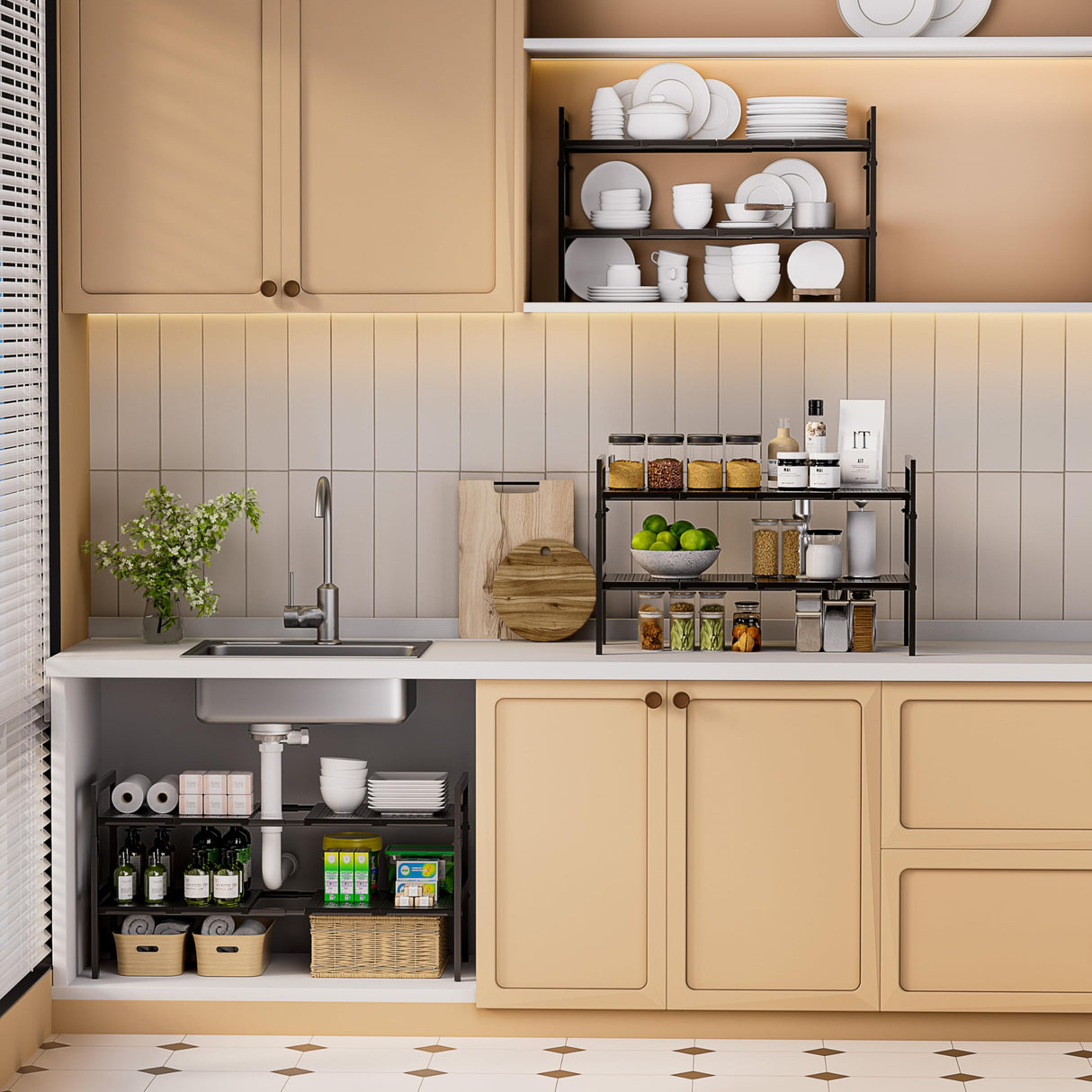 Under Sink Organizer and Storage 16.5"-30.7" Expandable Length, Adjustable Height Under Sink Shelf 2 Tier with 11" Removable ABS Panels & Metal Frame for Bathroom Kitchen Pantry Cabitnet Pot and Pan GEMWON