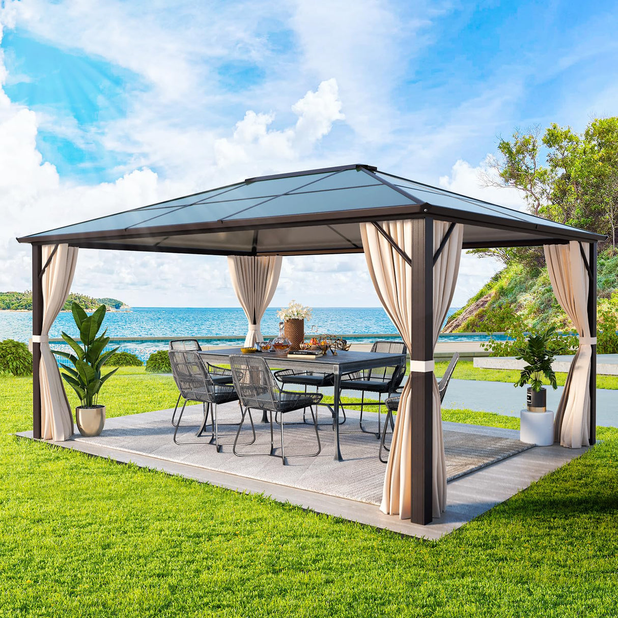 YOLENY 10'x12' Hardtop Gazebo, Outdoor Polycarbonate Roof Canopy, Aluminum Frame Permanent Pavilion with Curtains and Netting, Sunshade for Garden, Patio, Lawns YOLENY
