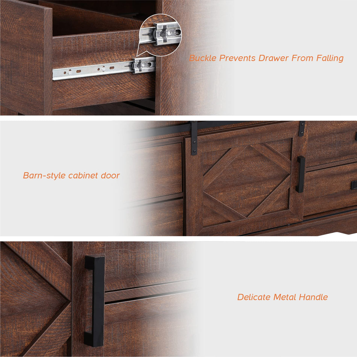 WAMPAT Farmhouse TV Stand for TVs up to 110",Faux Bark Finish Wood 3 in 1 TV Cabinet with Drawers and Adjustable Shelves for Living Room,Rustic Brown WAMPAT