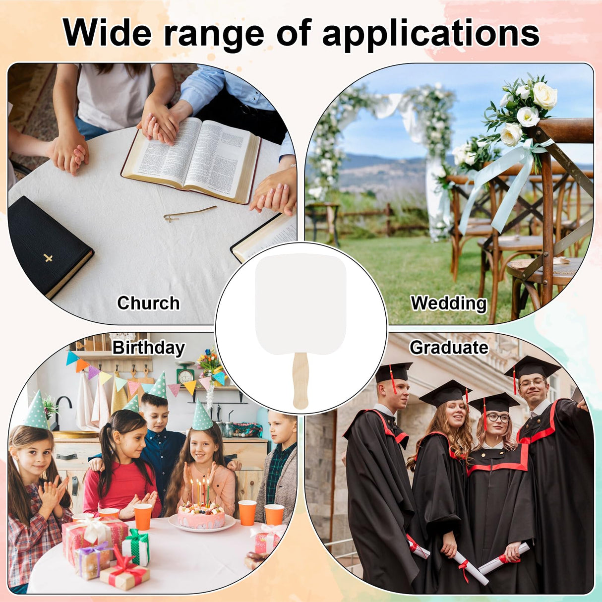 LOTMER 150 Pcs Church Fans Handheld Set, 100 Sheet Double Sided Paper Church Fans with 50 Pcs Wavy Wooden Sticks, Double Sided Paper Church Fans for DIY Crafting Painting (6.5X7.25in) LOTMER