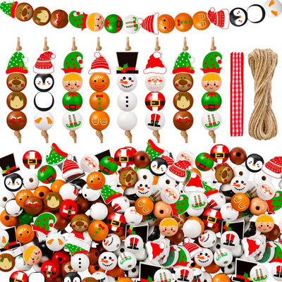 Cinnvoice 240 Pcs Christmas Wood Beads with Twine Santa Gingerbread Man Penguin Snowman Elf Wooden Beads Garland Christmas DIY Crafts Round for Xmas Winter Party Farmhouse Home Decor