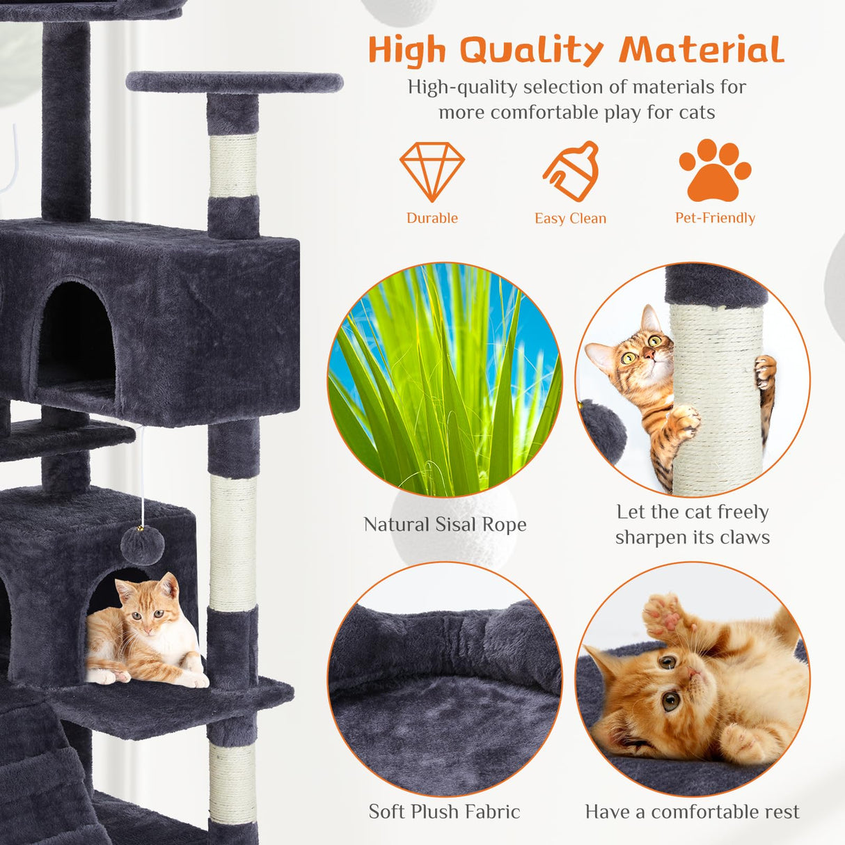 Sweetcrispy 54-Inch Cat Tree Tower – Multi-Level with Sisal Scratching Post, Perfect Pet Gift, Indoor Condo with Climbing Ladder, Plush Toy, and More Animal Stuff, Grey Sweetcrispy