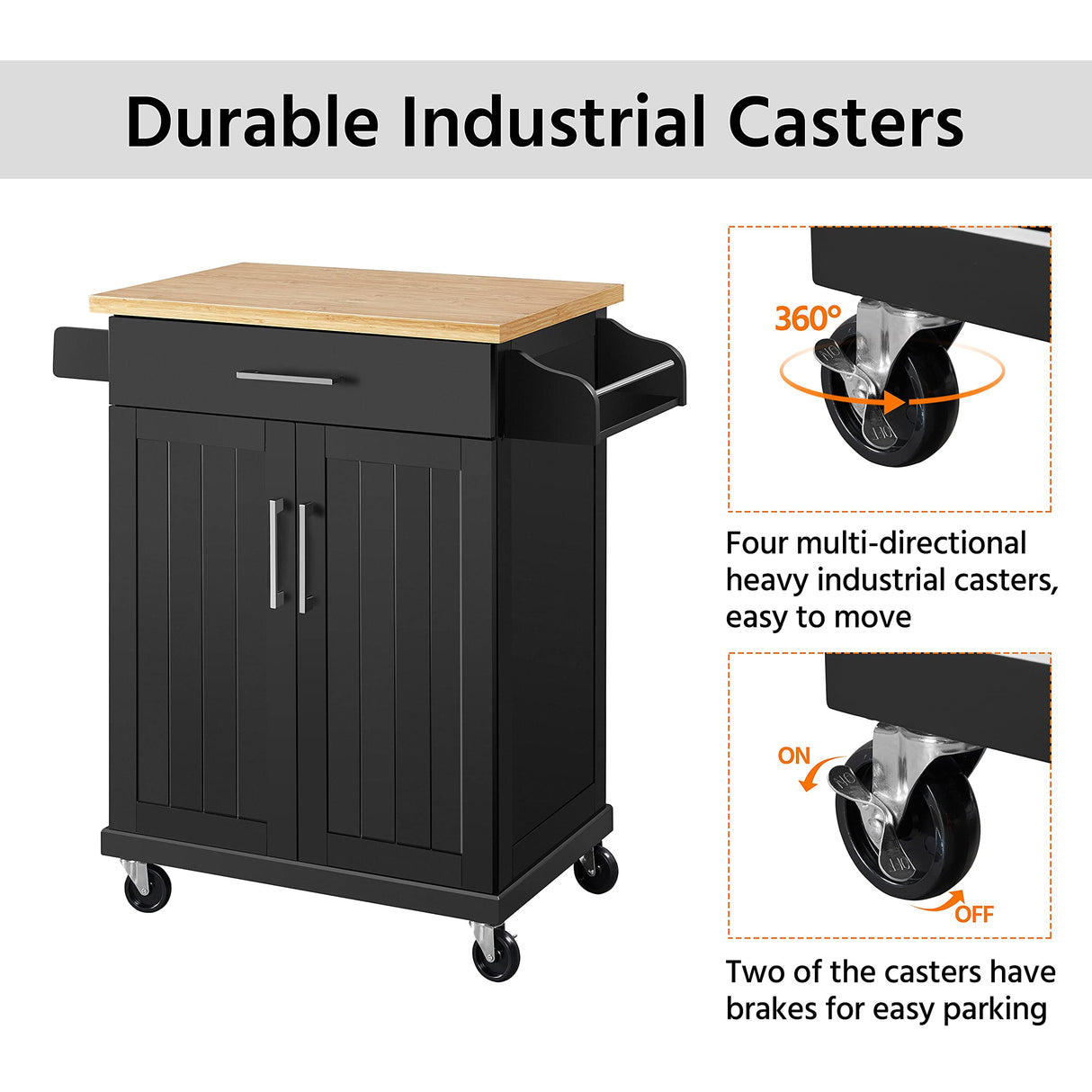 Yaheetech Kitchen Island on Wheels with Storage Cabinet, Rolling Kitchen Cart with Bamboo Top & Drawer & Spice Rack Towel Bar, Microwave Stand Cart for Kitchen/Dining Room, Black Yaheetech