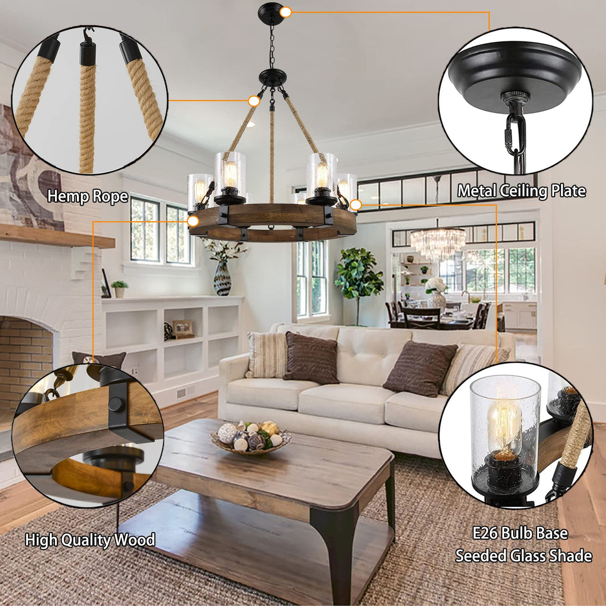 Rustic 6 Light Wagon Wheel Chandelier, Round Wood Pendant Light with Seeded Glass Shade, Farmhouse Chandeliers for Dining Room Kitchen Island Foyer Entryway BAOURE